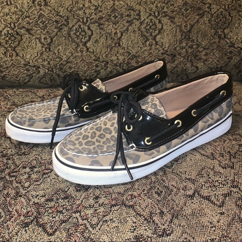 Sperry Topsiders loafers cheetah and black patent, size 7.5
